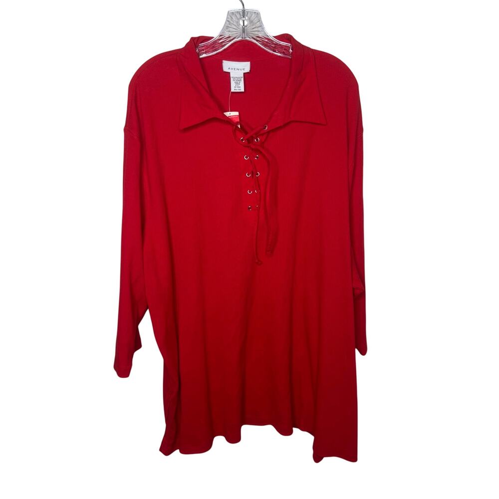 Avenue Women’s Red Lace-Up Tunic Top Plus Sz 30/32‎ Long Sleeve Collared Stretch